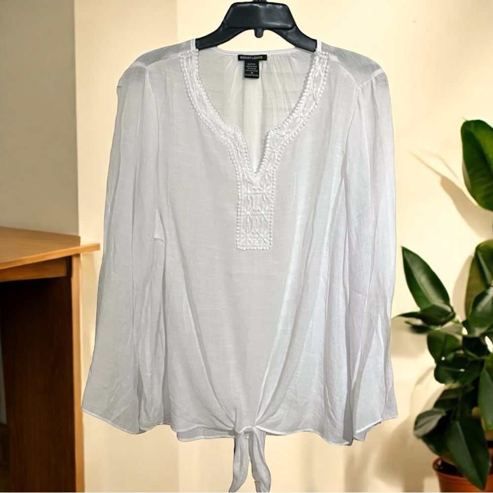 Robert Louis White Waist Tie Front Top with Crochet Neckline Longsleeve